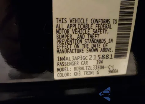 2016 Nissan Altima 2.5 Sl from USA, damaged, VIN 1N4AL3AP3GC215881